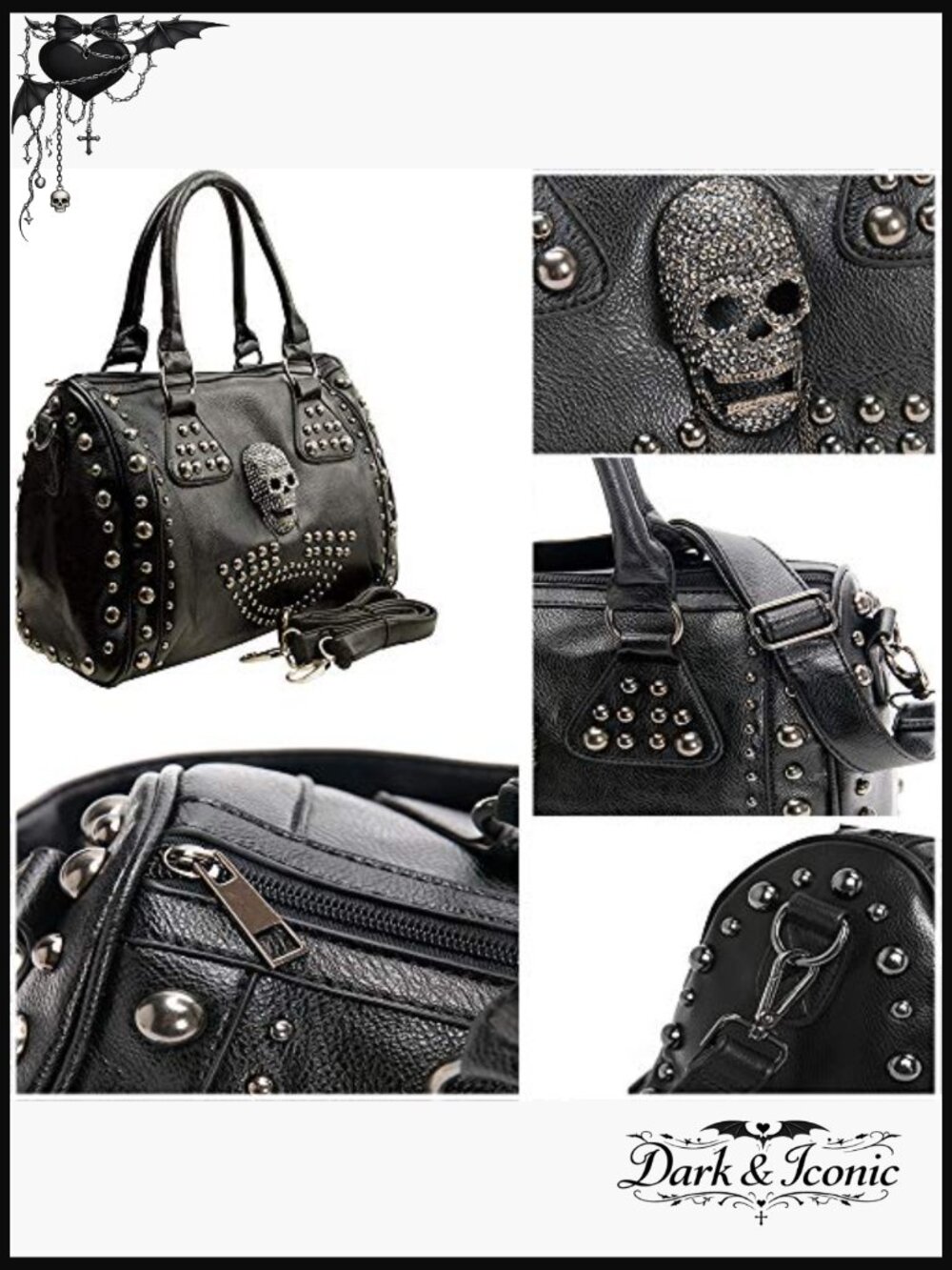 Large Gothic Skull Studded Doctor Handbag Shoulder Crossbody - Picture 4 of 7
